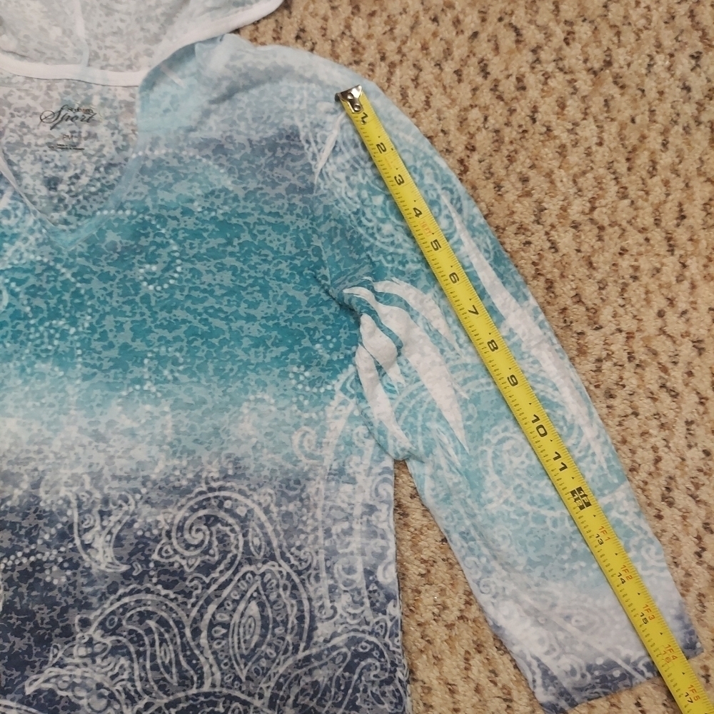 Style & Co Sport Women PM Lightweight Hoodie Blue Paisley Burnout 3/4 Sleeves - Picture 5 of 12